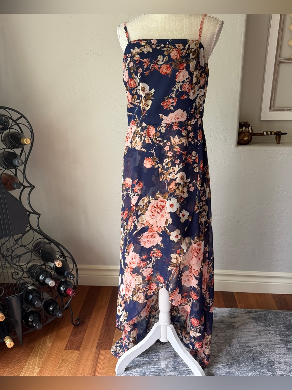 Lulus Women's Wrap Floral Navy Maxi Sundress with Pink Bouquet Print Size L